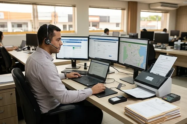 Despachante usando tecnologia avançada para serviços veiculares.